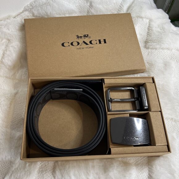 COACH MEN'S BELT SET BOXED HARNESS PLAQUE REVERSIBLE BELT BLACK NWT - Picture 1 of 6
